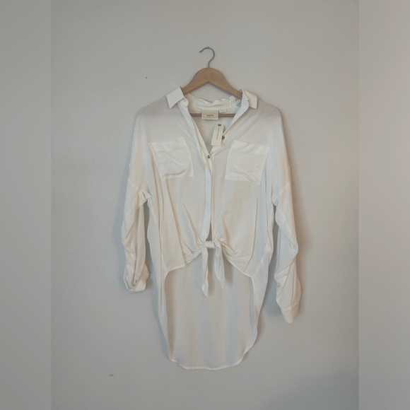 Maeve / Anthropologie white button down high-low tie shirt NWT - Picture 2 of 6